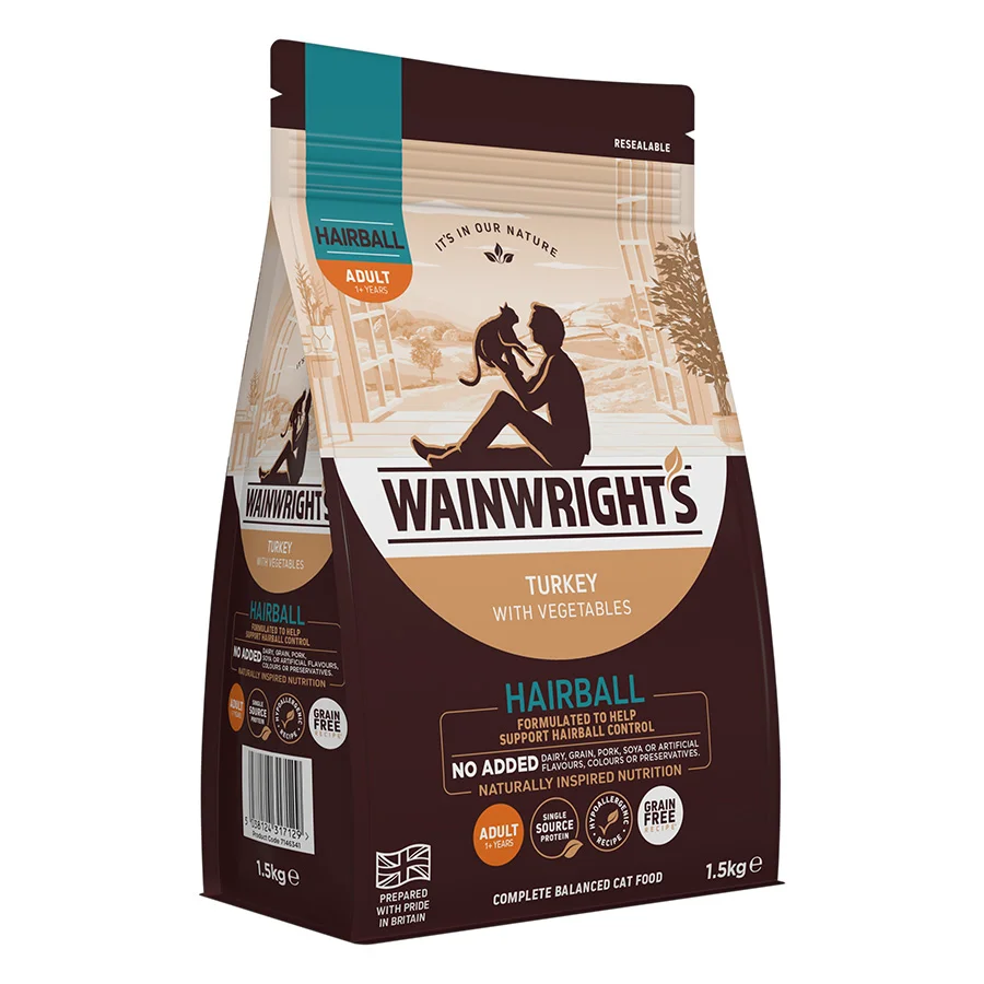 Top-Quality Wainwright x27 s Grain Hairball Adult Dry Cat Food 1.5kg Genuine