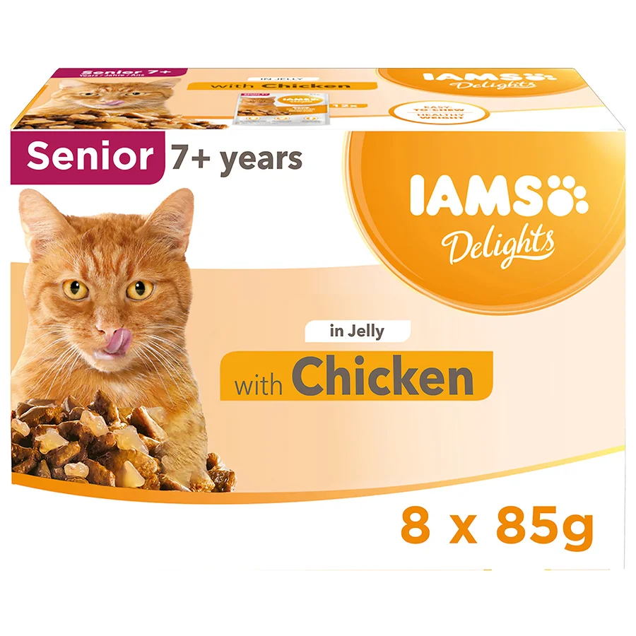 Solid Iams Delights Senior Wet Cat Food Chicken In Jelly 8x85g Enhanced