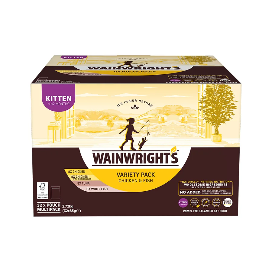 Detailed Wainwright x27 s Grain Wet Kitten Food Variety Pack Chicken Fish 32 x 85g Excellent