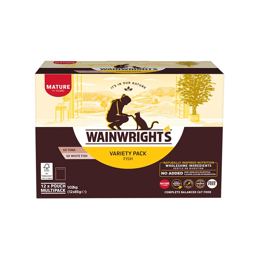 Secure Wainwright x27 s Grain Wet Mature Cat Food Variety Pack Fish 12 x 85g Verified