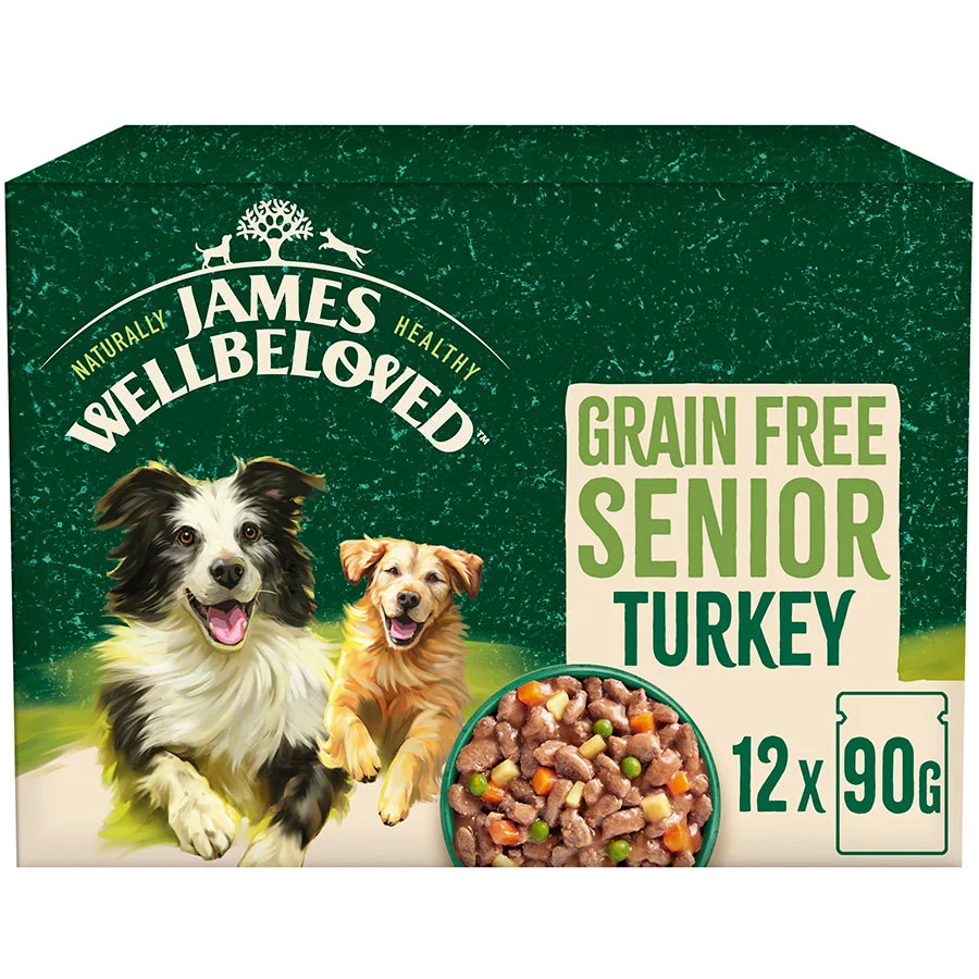 Modern James Wellbeloved Grain Wet Senior Dog Food Turkey in Gravy 12x90g Pouches Optimized